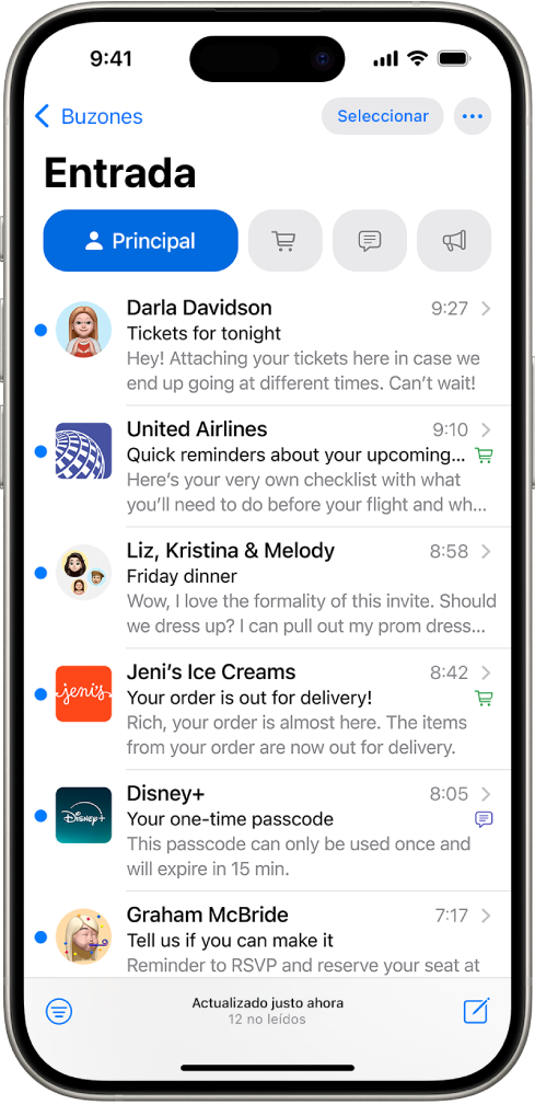 Buzón de entrada de la app Mail con una lista de mensajes en la categoría Principal.