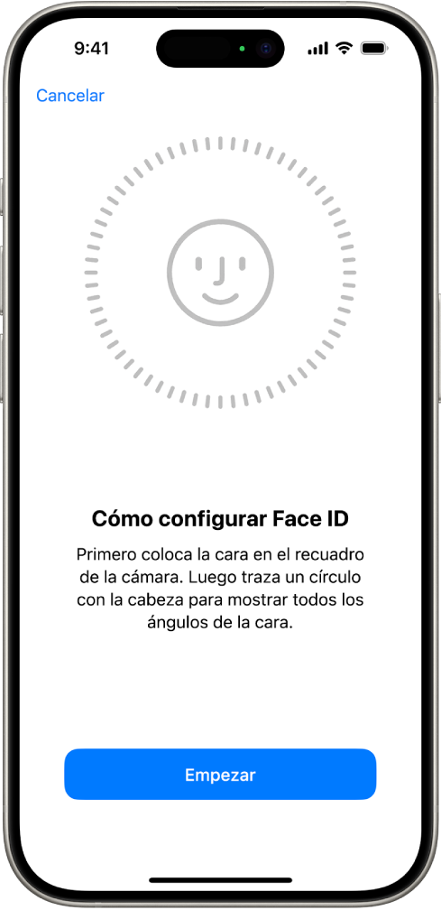 Pantalla de configuración de reconocimiento de Face ID. En la pantalla se muestra una cara rodeada de un círculo. El texto situado debajo de la cara indica al usuario que mueva la cabeza lentamente hasta completar el círculo.