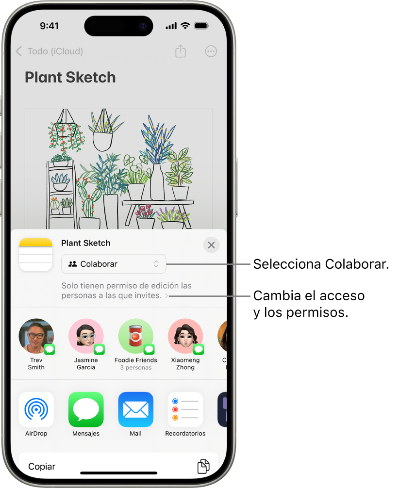 Una invitación de colaboración a dibujar en la app Notas, que muestra la opción para compartir Colaborar y la opción “Solo pueden editarlo las personas a las que invites” como el ajuste de acceso y de permisos. Debajo de eso hay una fila con cuatro posibles destinatarios, incluido un grupo. La fila inferior ofrece varias formas de compartir la nota: AirDrop, Mensajes, Mail y Freeform.