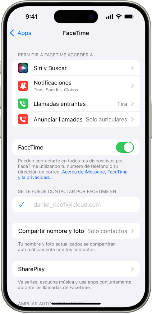 Pantalla Ajustes de FaceTime con el botón para activar o desactivar FaceTime y el campo con la cuenta de Apple para FaceTime.