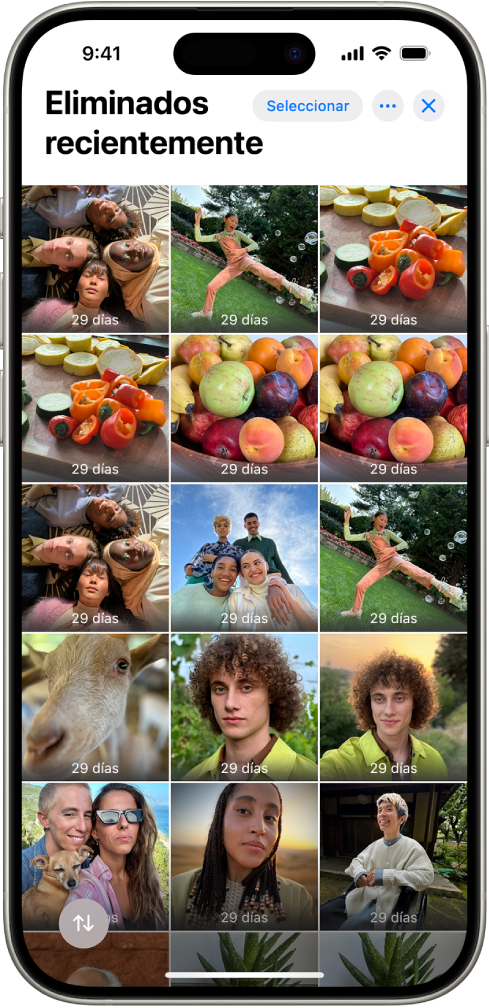 Carpeta Eliminado en la app Fotos. Las fotos eliminadas recientemente se muestran en una cuadrícula en la pantalla.