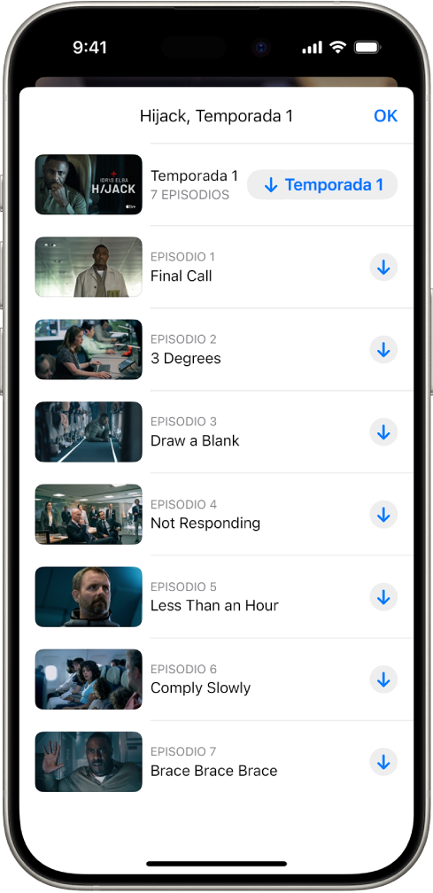 Pestaña Apple TV+ con una lista de episodios de una serie Apple Originals. Los botones para descargar toda la temporada y cada episodio aparecen en el lado derecho de la pantalla.