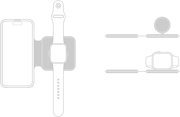Una ilustración a la izquierda muestra el iPhone y el Apple Watch colocados en posición plana sobre las superficies de carga del cargador doble MagSafe. Una ilustración en la esquina superior derecha muestra que se levanta la superficie de carga del Apple Watch. Una ilustración por debajo muestra que el Apple Watch se coloca sobre la superficie de carga levantada.