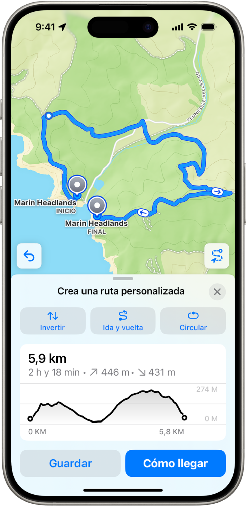 Ruta personalizada en la app Mapas con la distancia, el desnivel, el tiempo estimado y opciones para guardarla o para obtener indicaciones hasta el inicio de la ruta.