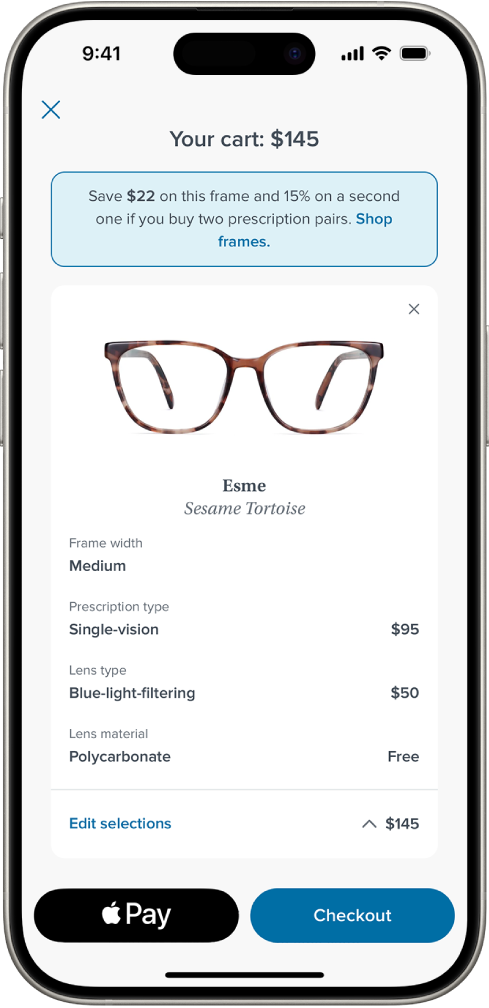 Carrito de la compra de una app con los precios de los ítems seleccionados. El botón “Apple Pay” se encuentra abajo a la izquierda.