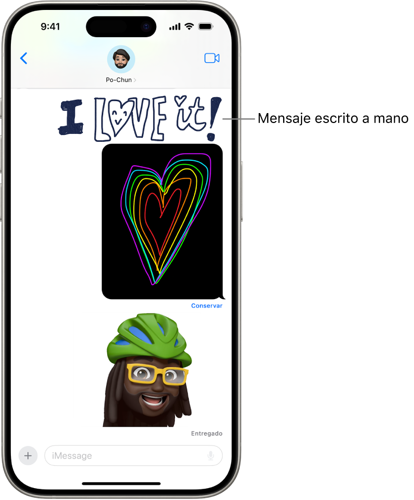 Conversación de la app Mensajes con animaciones: un mensaje escrito a mano, un mensaje Digital Touch y un Memoji animado.