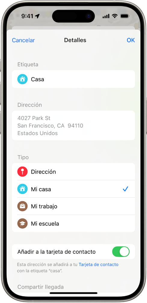 App Mapas con la pantalla Detalles con opciones para establecer una dirección como casa, trabajo o escuela.