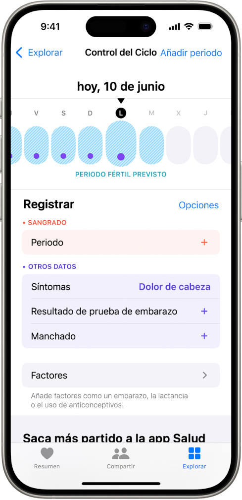 La pantalla de Control del Ciclo con una línea de tiempo cerca de la parte superior que muestra un periodo fértil previsto. Debajo de la línea de tiempo hay opciones para añadir información sobre periodos, síntomas y más.