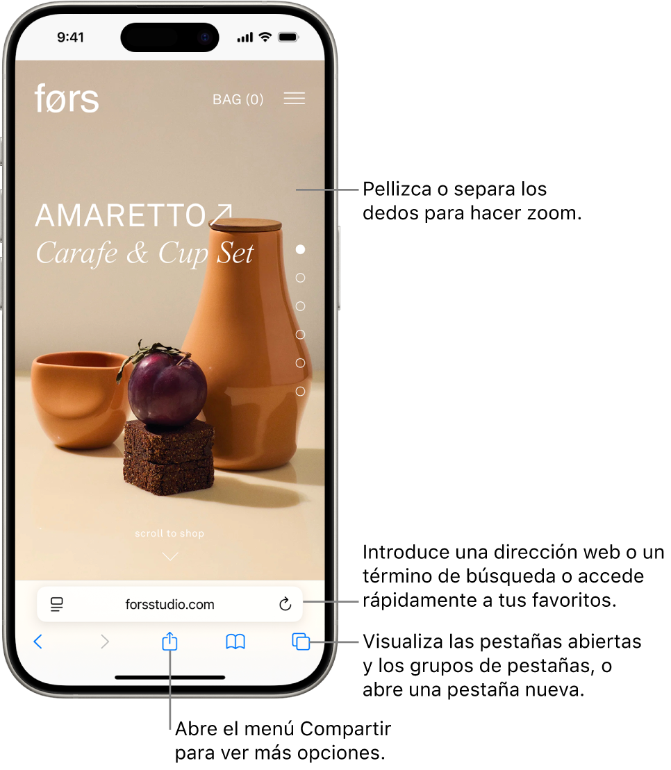 Un sitio web abierto en Safari, con el campo de dirección en la parte inferior. En la parte inferior, de izquierda a derecha, se muestran los botones Atrás, Adelante, Compartir, Marcadores y Pestañas.