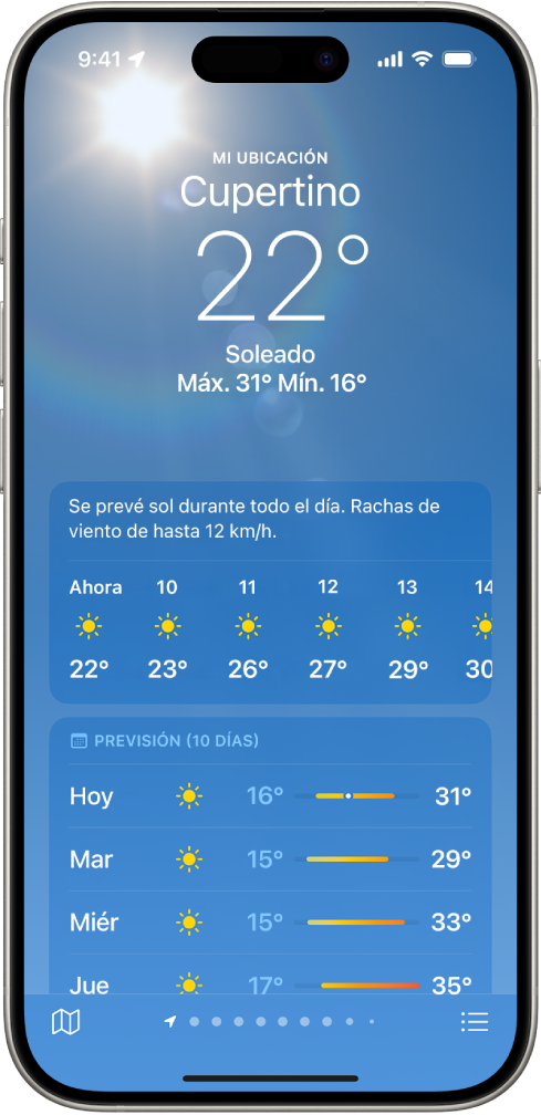 La pantalla Tiempo donde se ve, de arriba abajo: la ubicación, la temperatura actual, las temperaturas máxima y mínima del día, la previsión por horas y la de diez días. Una fila de puntos en la parte central inferior muestra cuántas ubicaciones hay en la lista de ubicaciones. En la esquina inferior derecha está el botón “Lista de ubicaciones” y, en la esquina inferior izquierda, el botón “Mostrar mapa”.