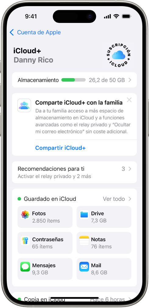 Pantalla de ajustes de iCloud con el medidor de almacenamiento en iCloud y una lista de apps y servicios, como Fotos, iCloud Drive y iCloud Mail, que se pueden usar con iCloud.