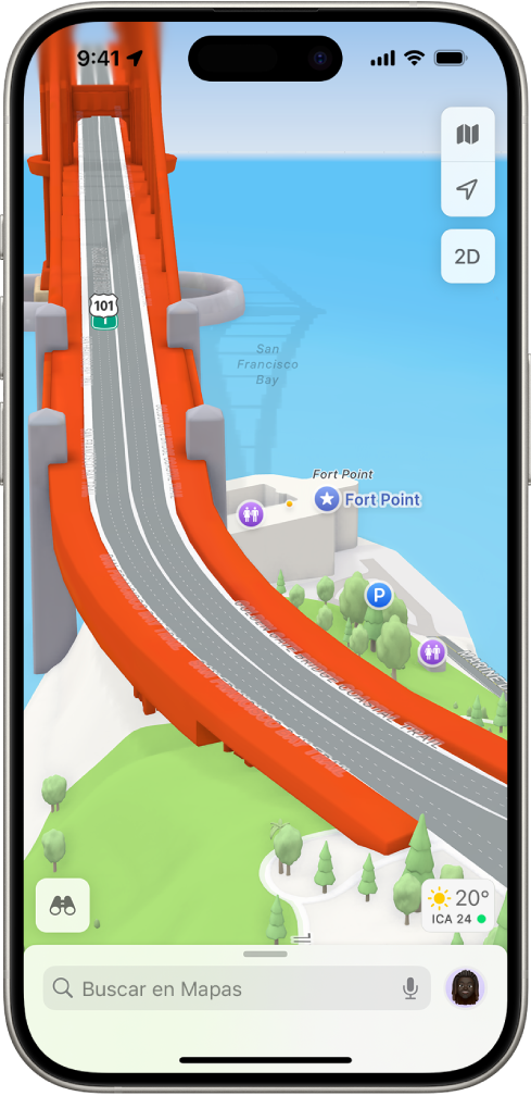 Mapa 3D en la app Mapas con un puente y un parque.