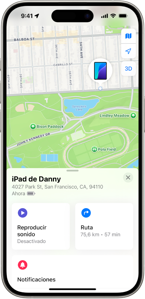 Pantalla Buscar con la ubicación de un iPad en un mapa en la parte superior de la pantalla.