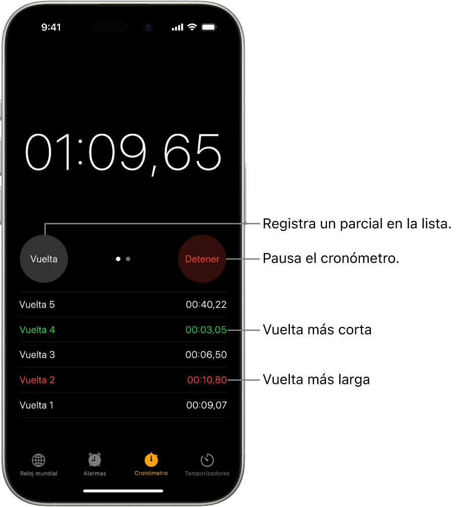 Un cronómetro en la app Reloj muestra el tiempo total que ha pasado en un evento y debajo hay varias vueltas registradas dentro de ese evento.