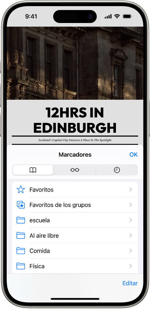 La pantalla Marcadores, con opciones para ver los marcadores, la lista de lectura y el historial de navegación.