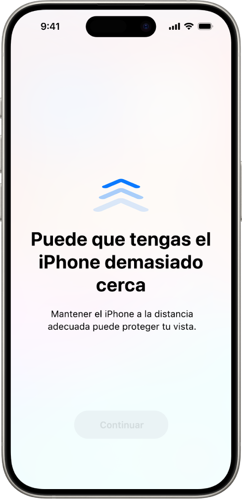 Pantalla con el aviso de que estás sujetando el iPhone excesivamente cerca de los ojos y deberías alejarlo para proteger la salud visual. El aviso cubre la pantalla, impidiéndote continuar. Hay un botón Continuar que se activa al alejar el iPhone hasta una distancia segura.