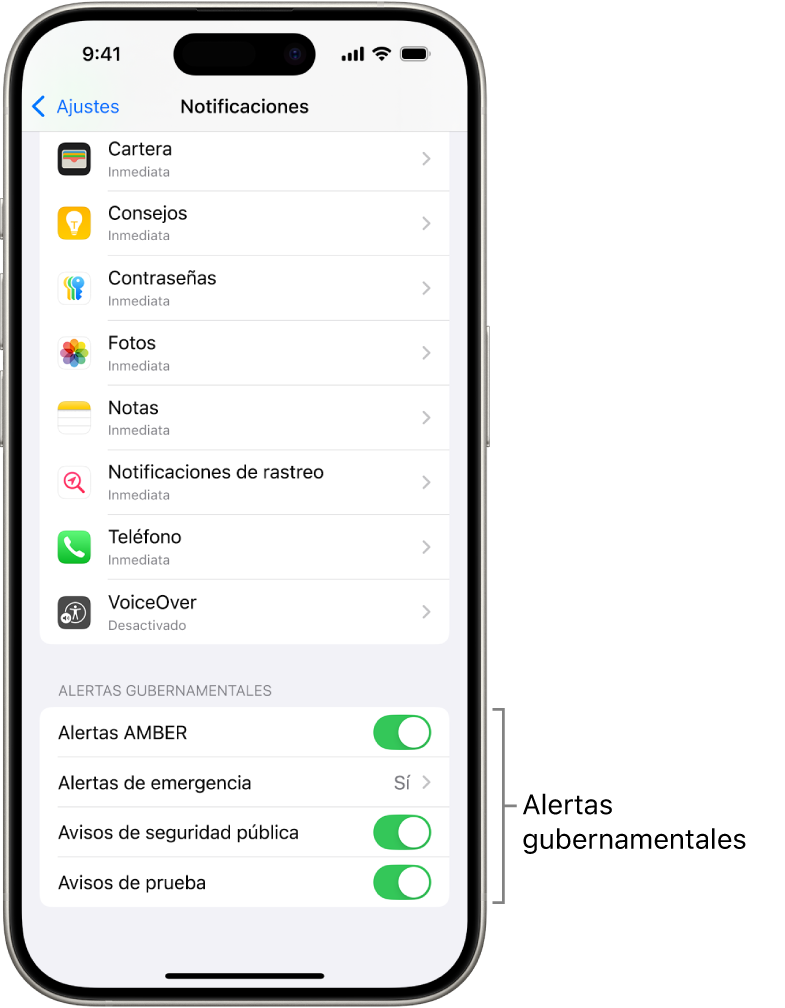 Pantalla Notificaciones con las alertas gubernamentales que puedes activar para recibirlas.