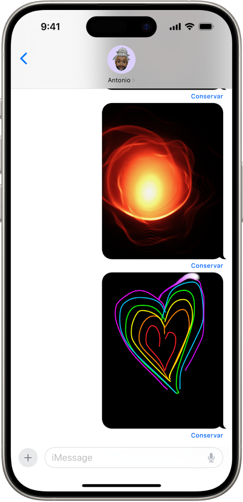 Conversación de la app Mensajes con un gesto y una animación de Digital Touch.