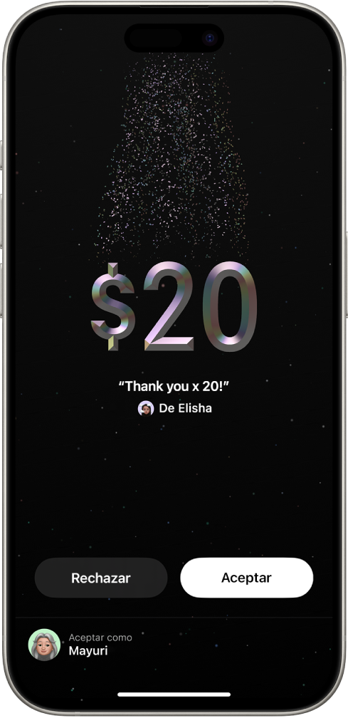 La pantalla “Tap to Cash” en la app Cartera que muestra la transferencia de 20 USD y los botones Rechazar y Aceptar en la parte inferior de la pantalla.