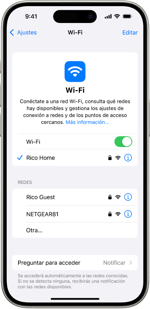 Pantalla de opciones de la red Wi‑Fi en Ajustes. La red Wi-Fi está activada y se ha seleccionado una red.