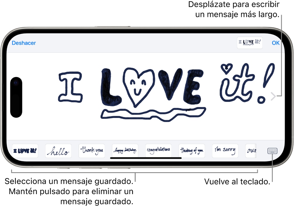El lienzo para componer un mensaje escrito a mano. En la parte inferior de la pantalla, de izquierda a derecha, se encuentran los ítems escritos a mano y el botón Teclado.