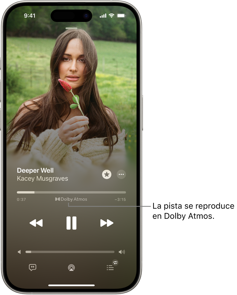 La pantalla “Ahora suena” con el icono de Dolby Atmos en la pista que se está reproduciendo.