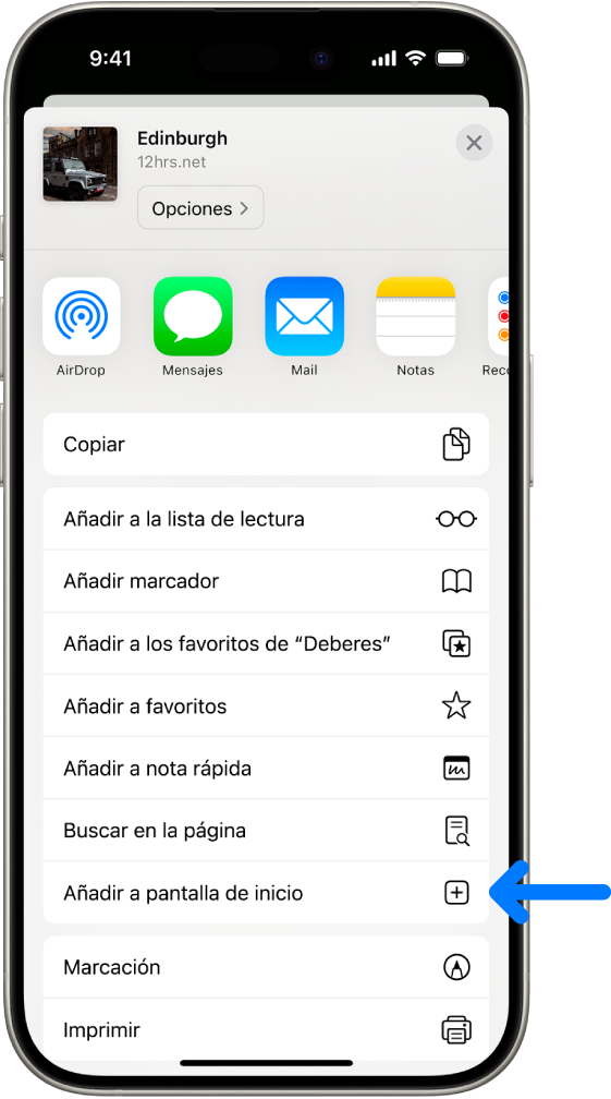 En Safari, se ha tocado el botón Compartir en un sitio web y se muestra una lista de opciones, como “Añadir a pantalla de inicio”.