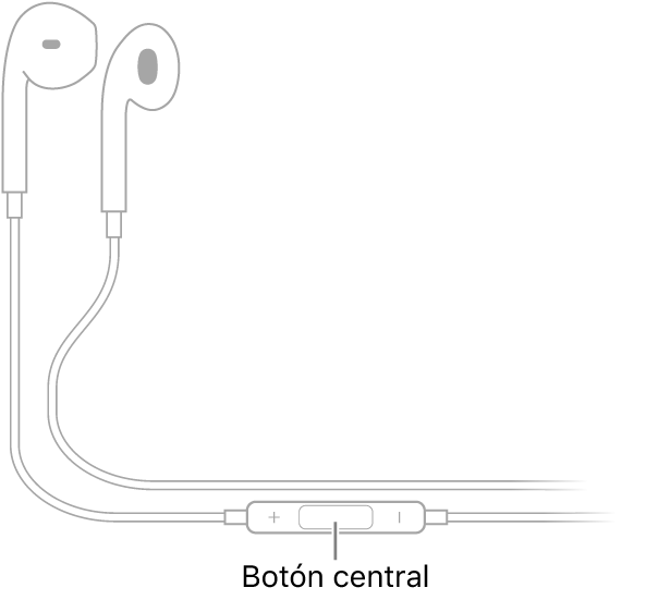 Apple EarPods; el botón central se encuentra en el cable que va al auricular del oído derecho.