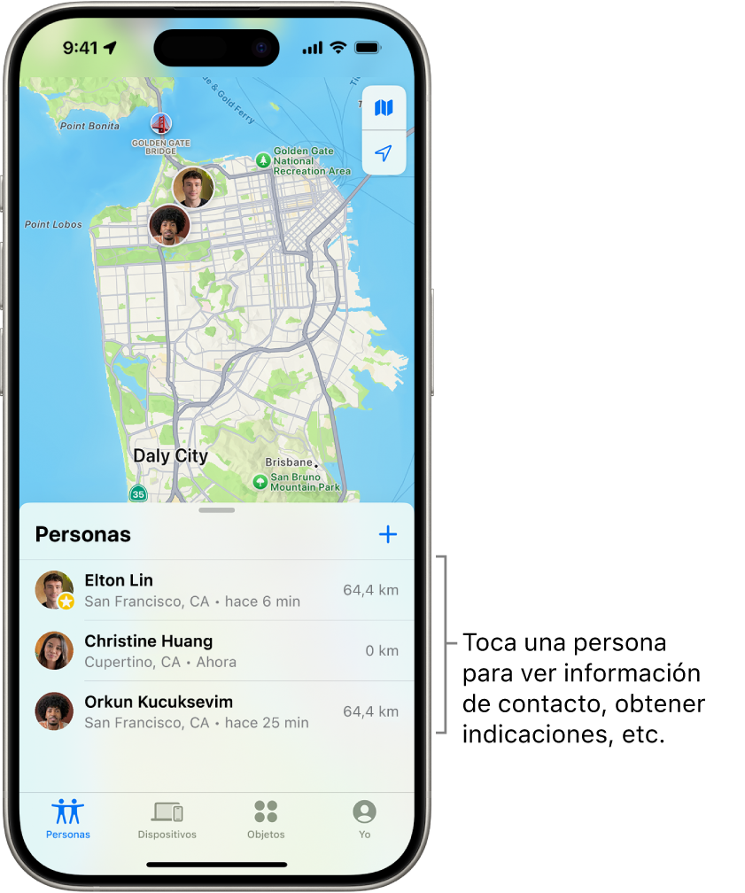 Pantalla Buscar abierta en la lista Personas. Hay cuatro personas en la lista: Cecilia Ruiz, Nora Telez, Christina Ruiz y Pedro Ruiz. Toca el botón Añadir en la parte superior de la lista Personas para compartir tu ubicación.