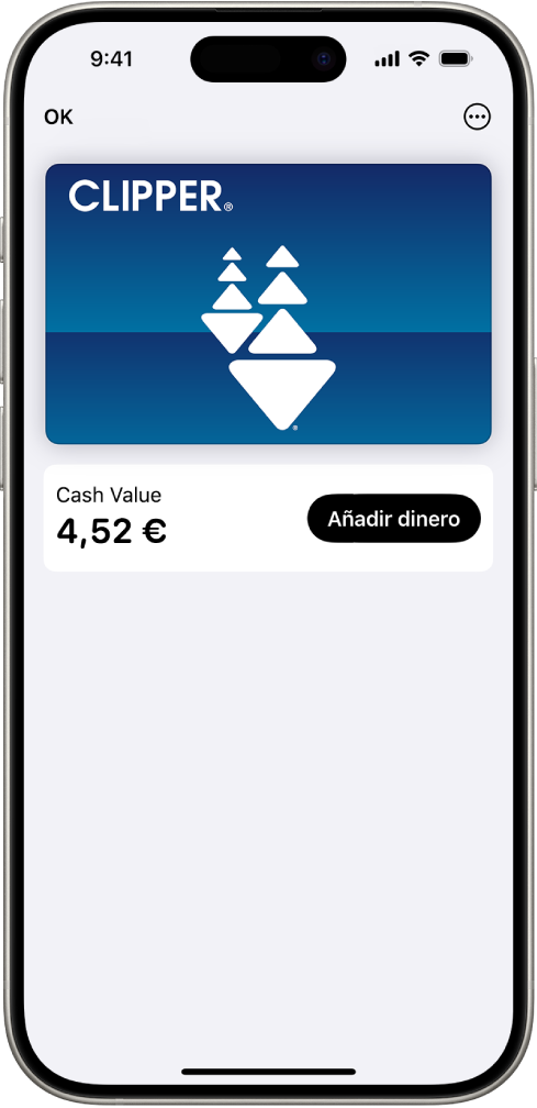 Tarjeta de transporte en la app Cartera con el saldo de la cuenta y el botón “Añadir dinero”.