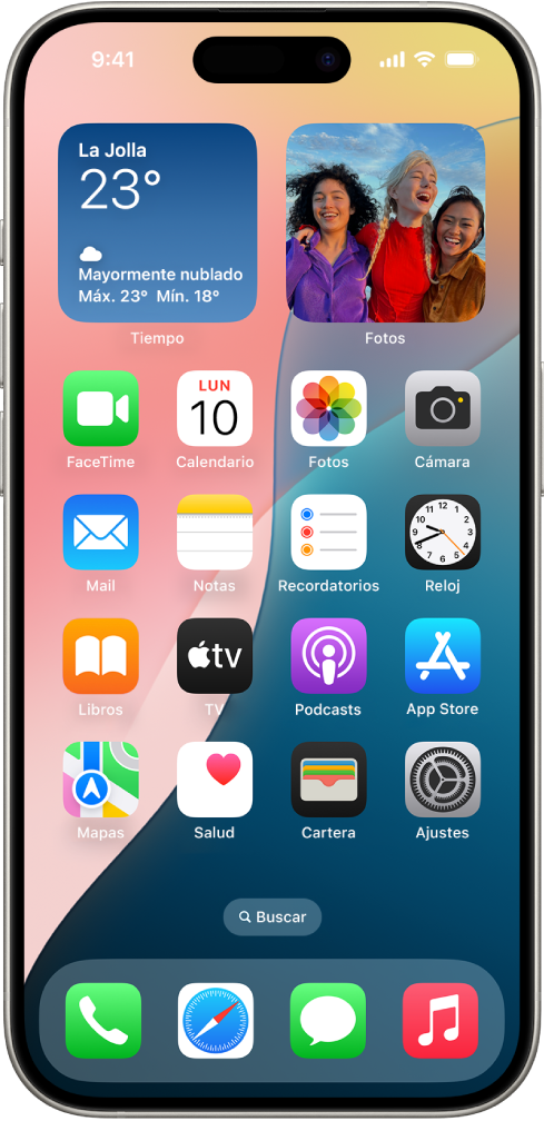 Captura de pantalla con un ejemplo de la pantalla de inicio por omisión que viene con iOS 18.
