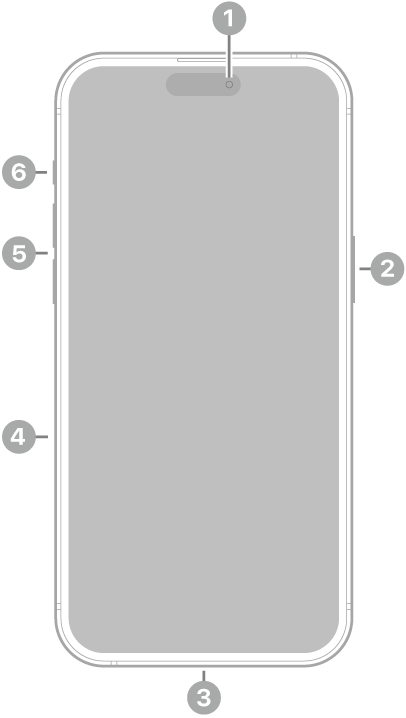Vista frontal del iPhone 15 Pro Max. La cámara frontal se encuentra en la parte superior central. El botón lateral está en el lado derecho. El conector USB-C está en la parte inferior. En el lado izquierdo, de abajo a arriba, se encuentran la bandeja SIM, los botones de volumen y el botón Acción.