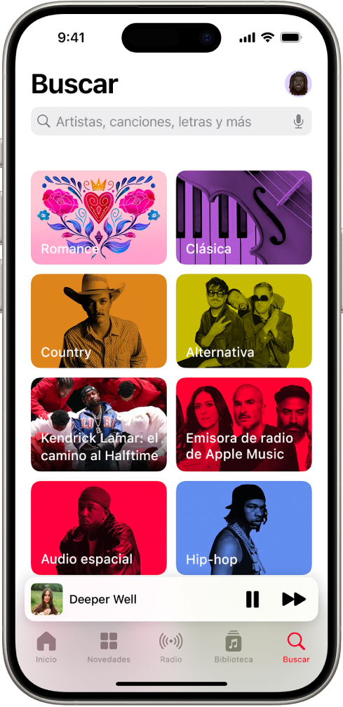 Pantalla Buscar con un campo de búsqueda en la parte superior. Debajo aparecen ocho categorías.