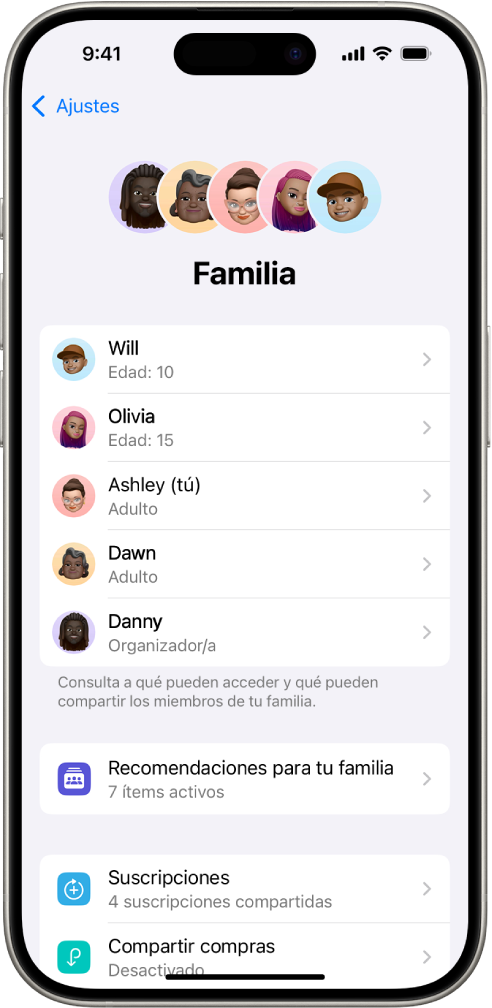 Pantalla “En familia” en Ajustes. Se muestran cinco miembros de la familia. Debajo de sus nombres está la “Lista de comprobación familiar” y debajo de eso están las opciones Suscripciones “Compartir compras”.