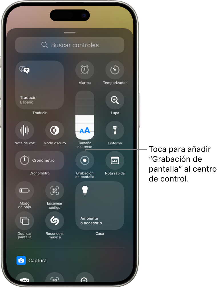 Galería de controles con el botón de grabación de pantalla en mitad de la pantalla.