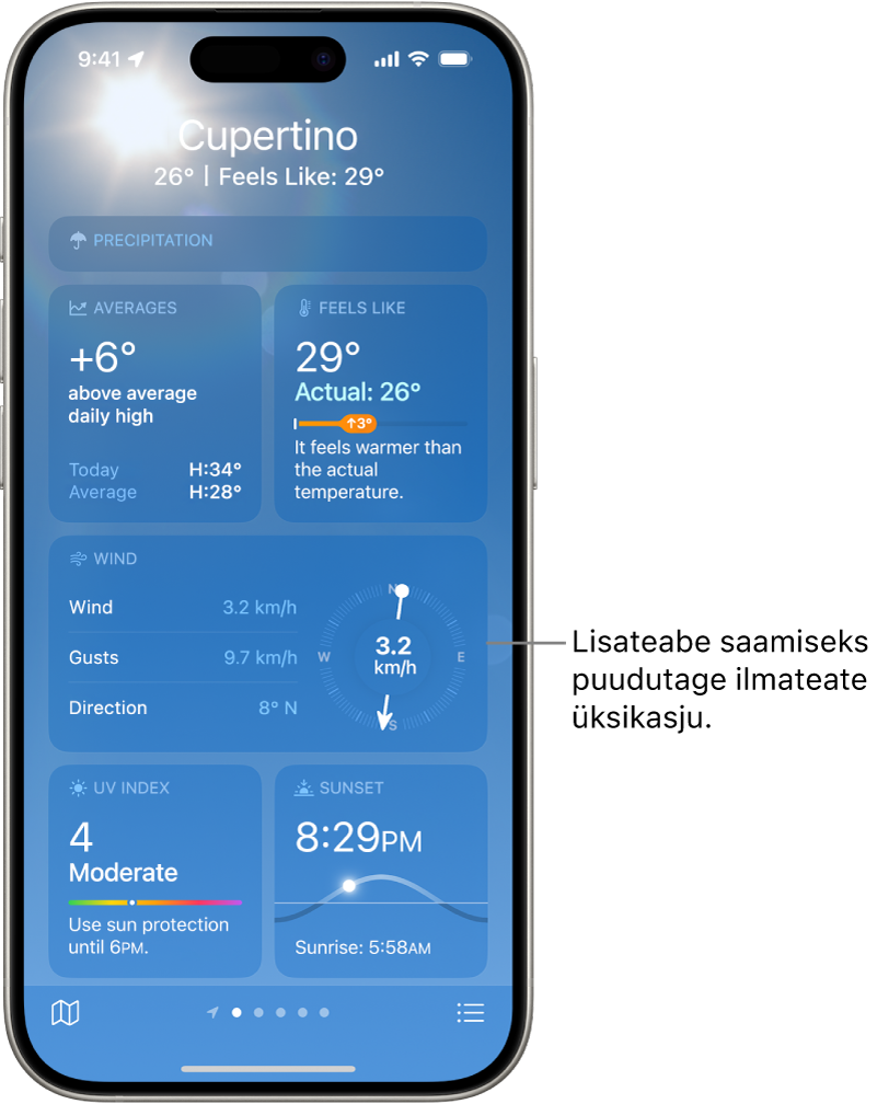 Rakenduse Weather kuvas on ülaosas asukoht ning selle all hetketemperatuur ja ilmatingimused. Ülejäänud ekraanil on üksikasjad järgmiste asjade kohta: õhukvaliteet, sademed, UV-indeks ja päikeseloojang.