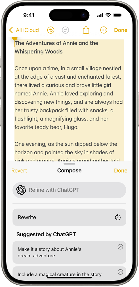 iPhone’i rakenduses Notes kuvatakse teksti. Ekraani allosas on dialoogaken Compose with Writing Tools, mis hõlmab valikuid muudatuste kirjeldamiseks, uuesti kirjutamiseks, ChatGPT soovituste valimiseks jne.