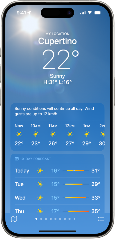 Rakenduses Weather kuvatakse (ülevalt alla): asukohta, praegust temperatuuri, päeva kõrgemaid ja madalamaid temperatuure, tunnipõhist ennustust ning 10 päeva ennustust. Ekraani all keskel kuvatav punktirida tähistab asukohtade loendis olevate asukohtade arvu. Alumises paremas nurgas on nupp Location List ning alumises vasakus nurgas on nupp Show Map.