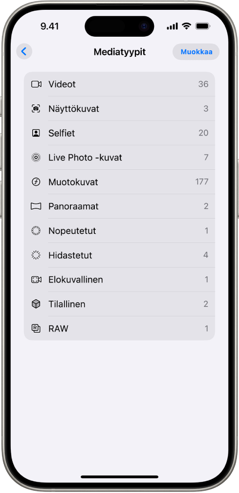 Kuvat-apin Mediatyypit-kokoelma on avoinna ja siinä näkyy kuvakokoelmien luettelo.