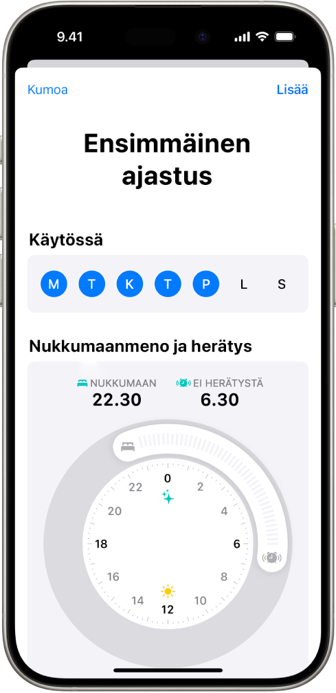 Terveyden ensimmäisen ajastuksen asettamisen näyttö, jossa näkyy Käytössä-osio sekä nukkumaanmenon ja herätyksen kello.
