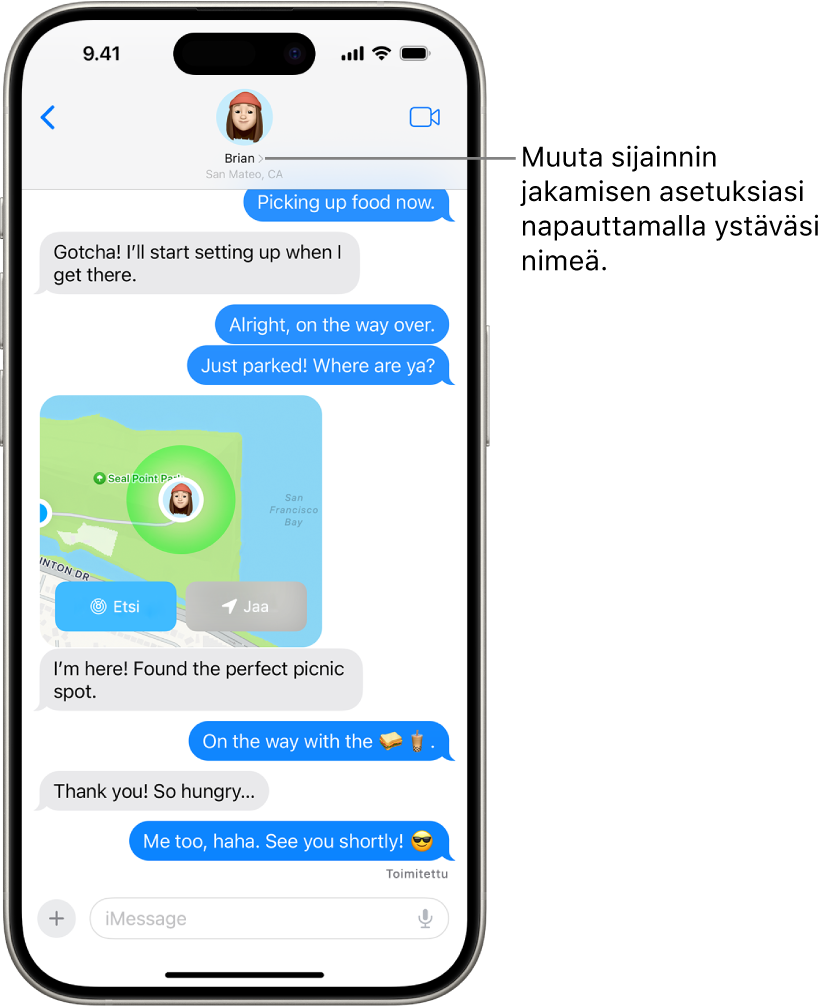 Viestit-keskustelu, jossa sijainti on jaettu käyttäen Tarkka etsintä -toimintoa.