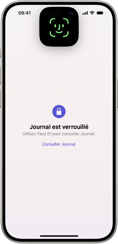 Un écran qui vous invite à utiliser Face ID pour verrouiller votre journal.