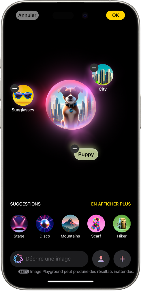 Fenêtre de l’app Image Playground affichant l’image créée d’un chien portant des lunettes.