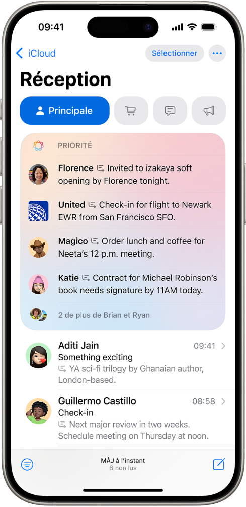 iPhone affichant la section Messages prioritaires en haut de l’écran, avec des e-mails urgents en haut. Deux e-mails résumés apparaissent au bas de l’écran.