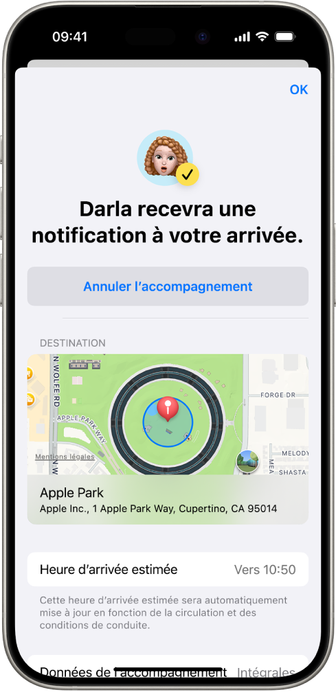 Un écran Accompagnement indiquant qu’un ami sera prévenu dans 14 minutes. En dessous figurent des options permettant de prolonger cette période ou d’annuler l’accompagnement. Un plan indiquant la position actuelle de l’utilisateur se trouve en bas de l’écran.