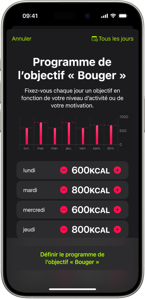 L’écran Programme de l’objectif « Bouger » de l’app Forme avec des boutons permettant d’augmenter ou de diminuer l’objectif Bouger pour chaque jour de la semaine.