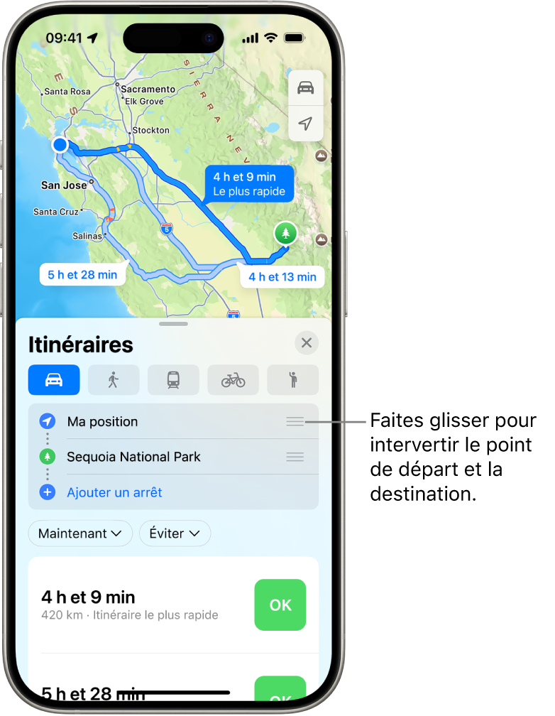 Un plan avec plusieurs itinéraires possibles en voiture entre « Ma position » et une destination.