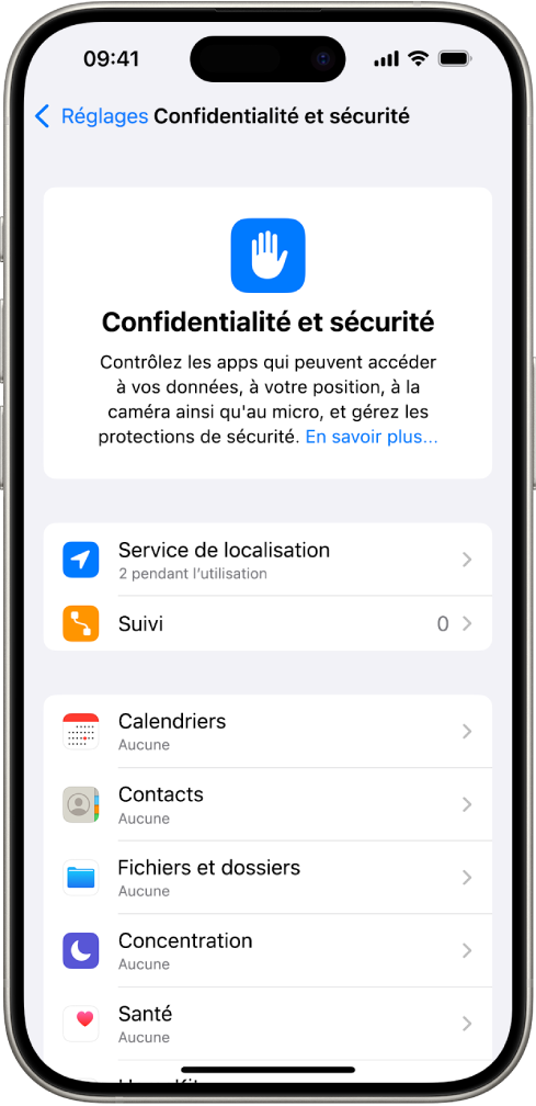 L’écran « Confidentialité et sécurité » dans Réglages.