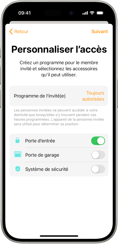 L’écran « Personnaliser l’accès » de l’app Maison. L’option « Programme de l’invité(e) » apparaît en haut de l’écran ; en dessous de celle-ci figurent les différents accessoires auxquels la personne invitée peut ou non accéder.