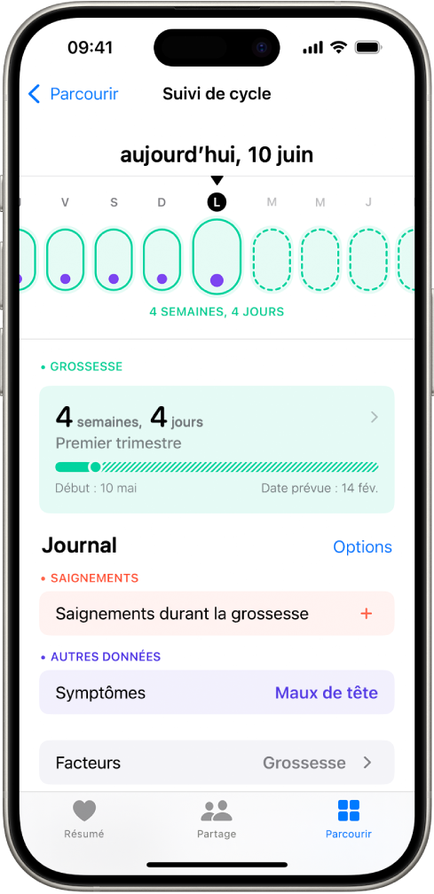 L’écran « Suivi de cycle » avec une chronologie d’une semaine de la grossesse en haut de l’écran. Des ovales vert clair et des points violets marquent les cinq premiers jours sur la chronologie. Des ovales vert clair en pointillé marquent les autres jours de la chronologie. Sous la chronologie se trouve le résumé de la grossesse comprenant l’âge gestationnel, la date de début de grossesse et la date prévue de l’accouchement. Sous le résumé de la grossesse se trouvent des options pour ajouter des informations sur les saignements pendant la grossesse, les symptômes, et plus encore.